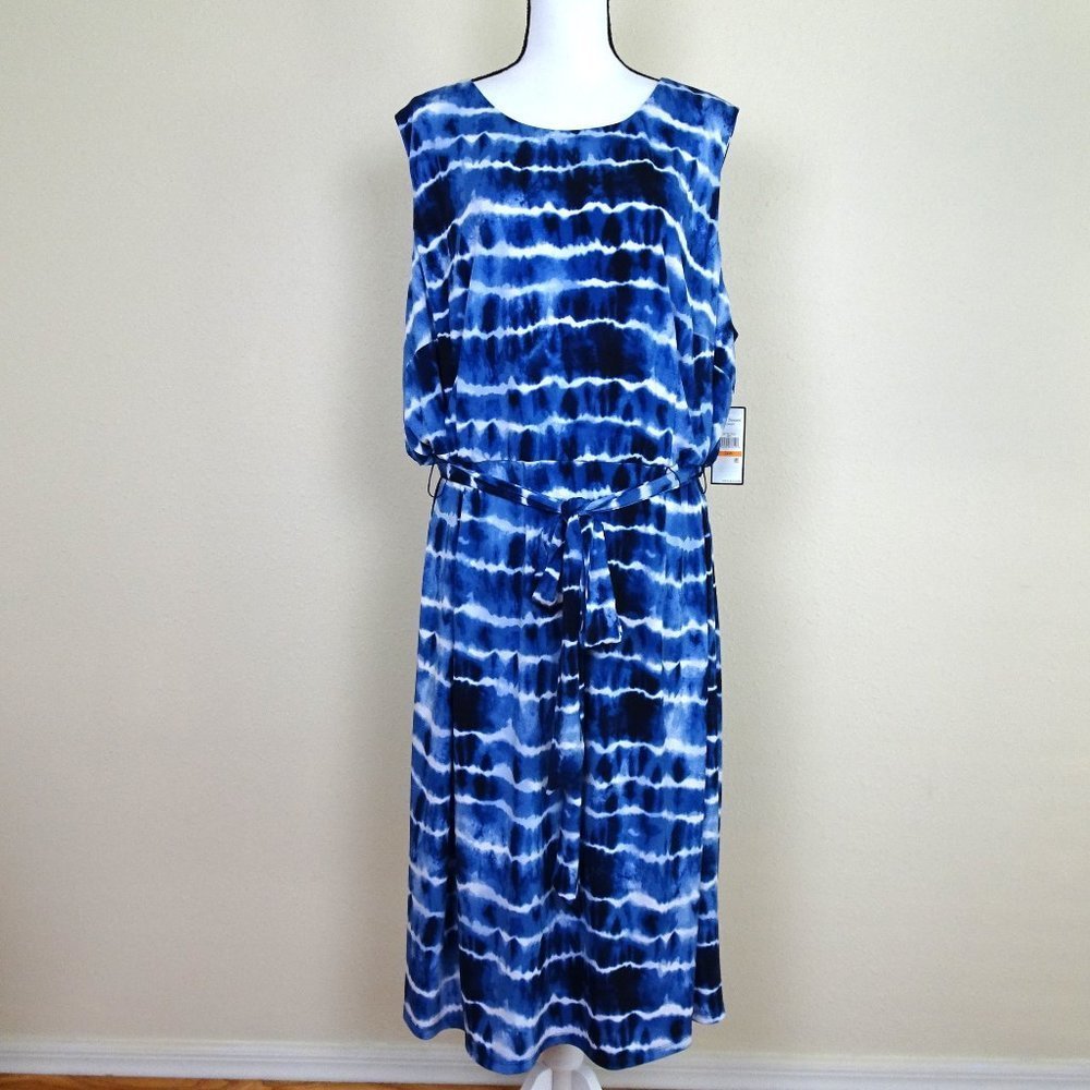 Jessica Howard Navy and White Tie-Dye Belted Midi Dress
